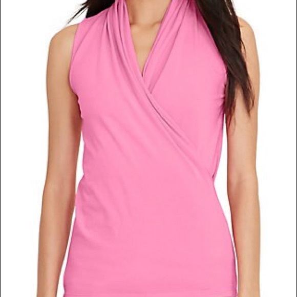 NWT LAUREN Pink faux wrap sleeveless top Size Large Elastane Stretchy - Picture 3 of 4